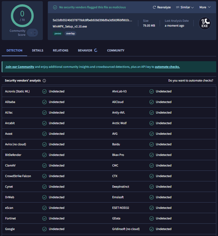 VirusTotal Scan Result 0/70